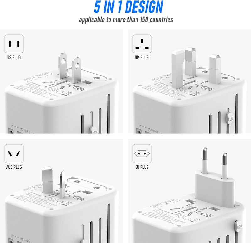 VYLEE Universal International Power Travel Plug Adapter, 5 in 1 European Travel Plug Adapter W/ 3.5A 2xUSB-A and 2xUSB C Wall Charger and Worldwide AC Outlet for Europe USA UK AUS Asia (White Grey) - Image 3